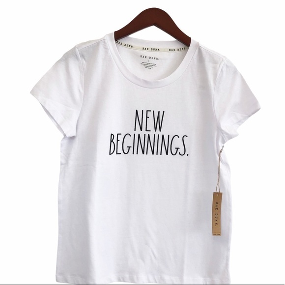 RAE DUNN NWT New Beginnings Graphic Front T Shirt Size Small in White - Picture 1 of 9